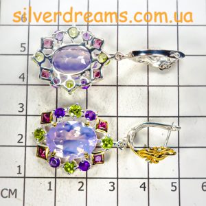 Серьги серебро натуральный лавандовый кварц + хризолит + аметист + родолит