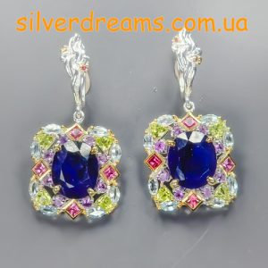 Серьги серебро натуральный сапфир + мульти