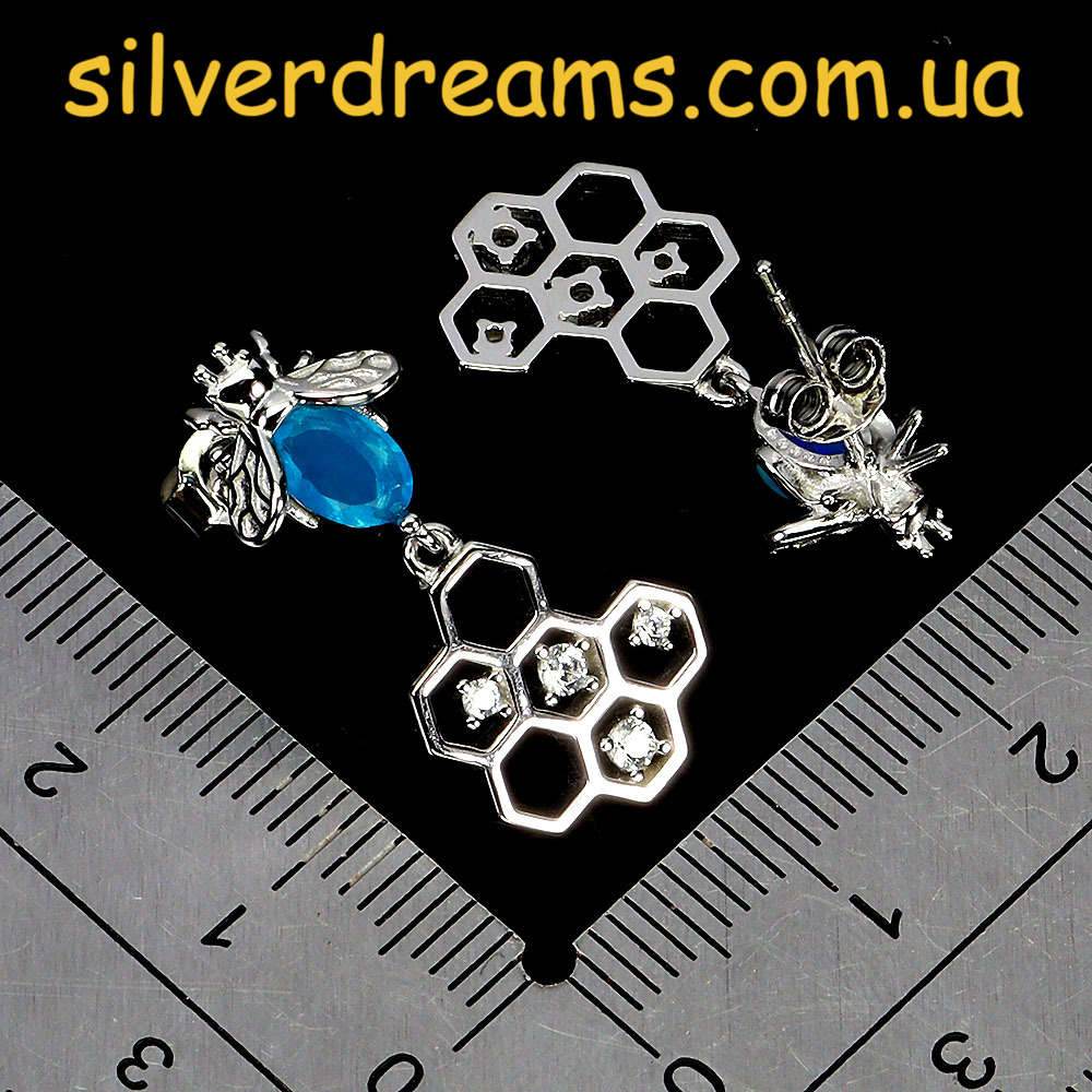 Серебряные серьги Пчёлки с голубым опалом — изображение 3