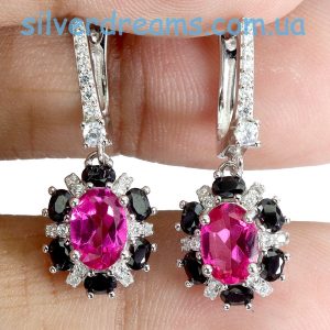 Серьги серебро натуральный розовый топаз + чёрная шпинель