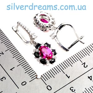 Серьги серебро натуральный розовый топаз + чёрная шпинель