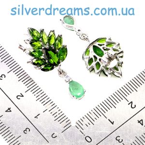 Серьги серебро натуральный хромдиопсид + изумруд + танзанит