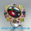 HANDMADE! Коктейльное кольцо с радужным чёрным опалом в хризолитах и родолитах  р.18,5