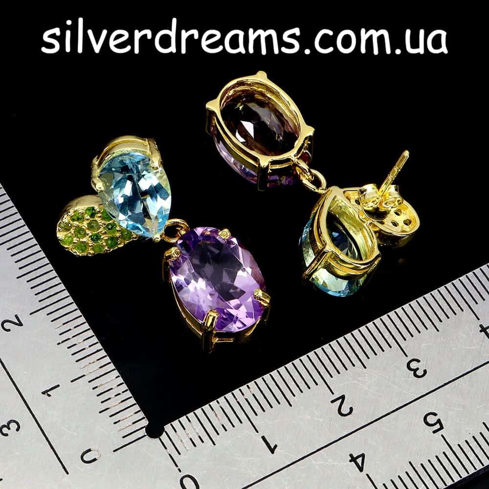 Серьги серебро натуральный аметист +топаз + диопсид